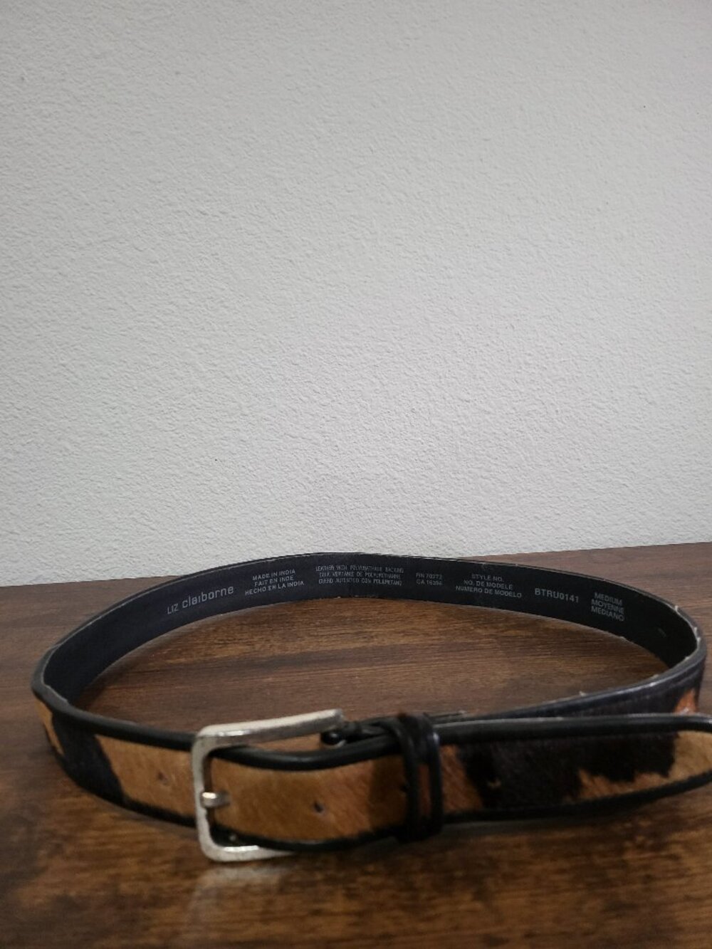 Liz Claiborne Calf Hair Belt Animal Print Tan Black Silver Buckle Size Medium